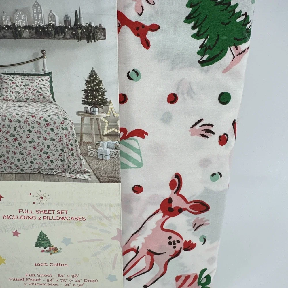 Cath Kidston Christmas Full Sheet Set 4 Pc Ditsy Deer Pink London Cotton Percale